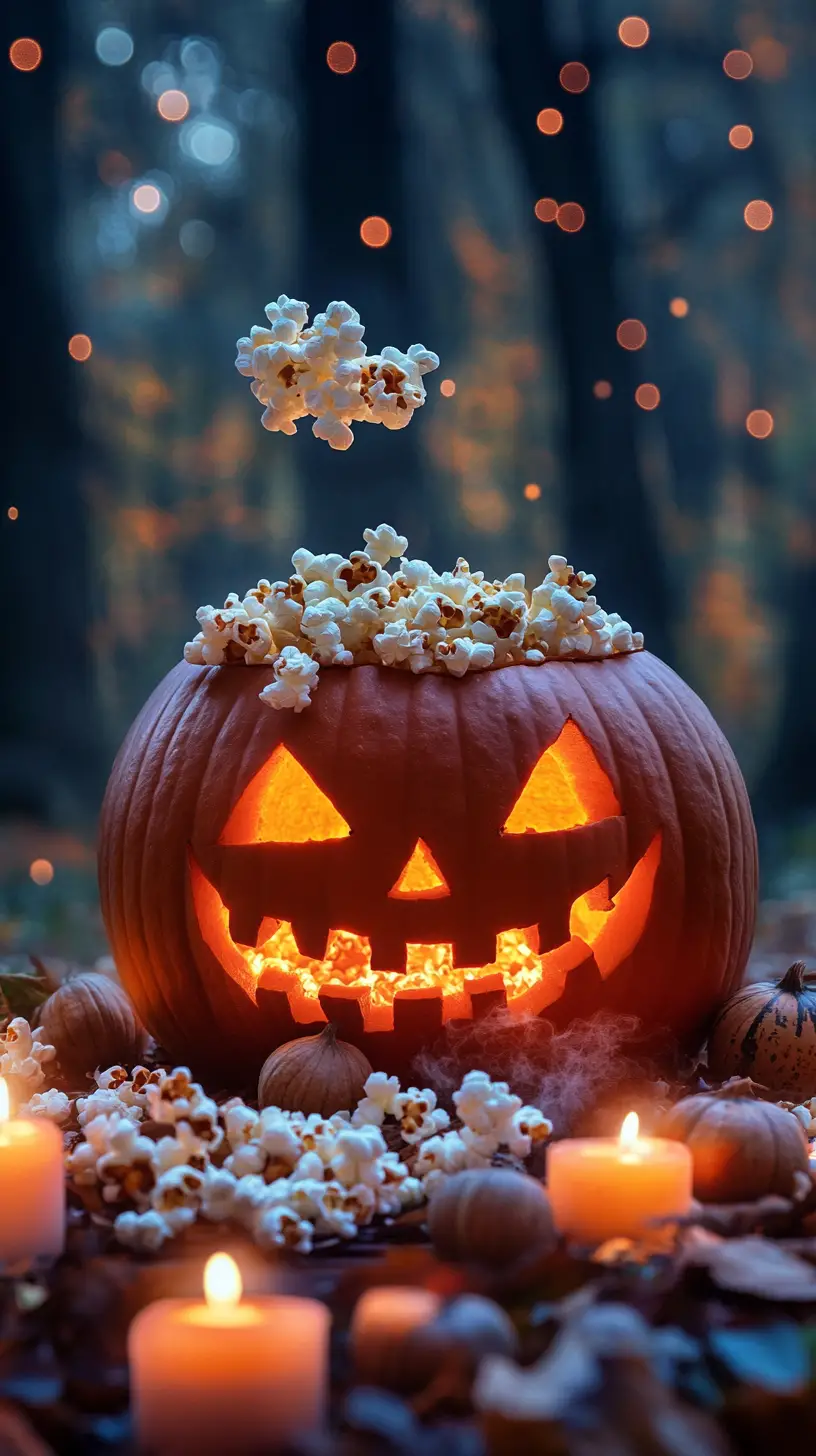 Citrouille amusante recrachant du pop-corn dans une forêt éclairée aux bougies