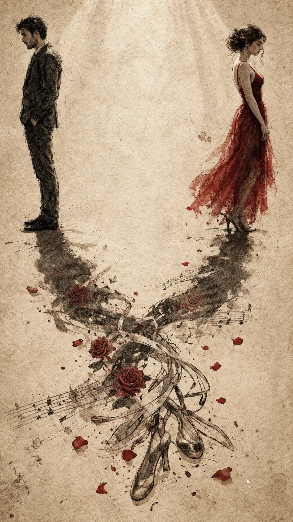 Romantic couple in profile with intertwining symbolic shadows