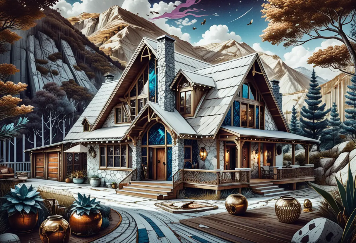 Luxury rustic cabin in a dark mountain isometric landscape