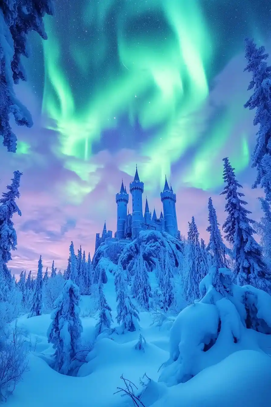 Medieval castle in snow under aurora filled night sky