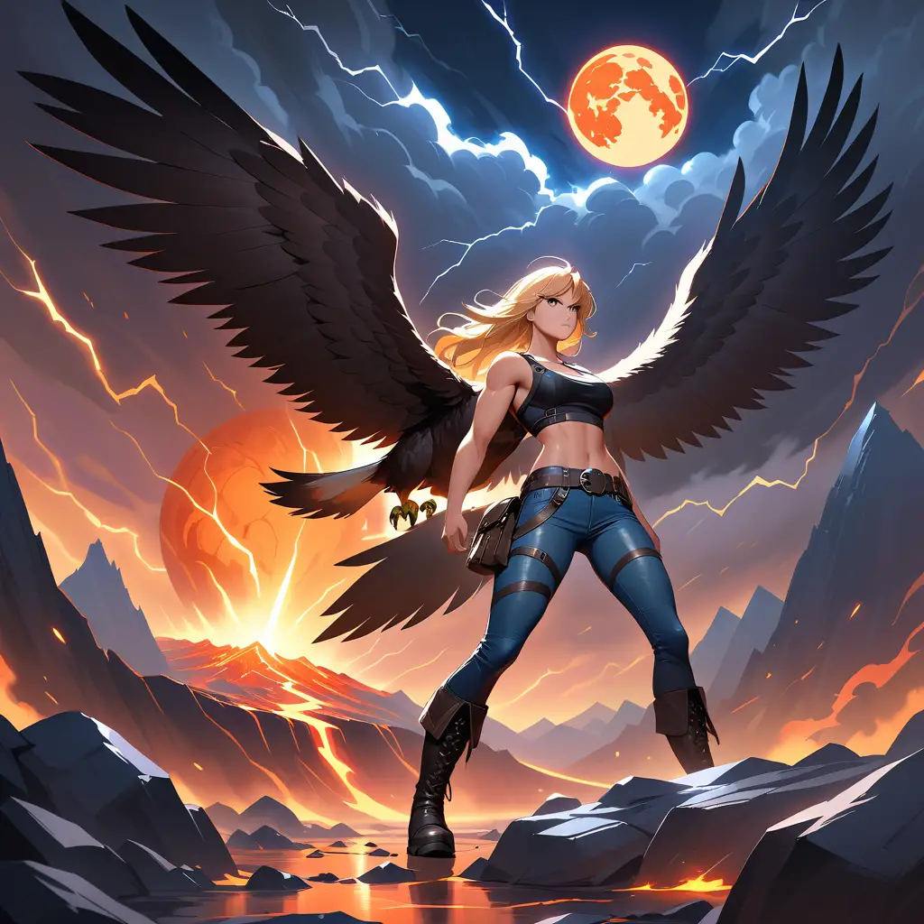 Blonde warrior woman on cliff with loyal dog companion