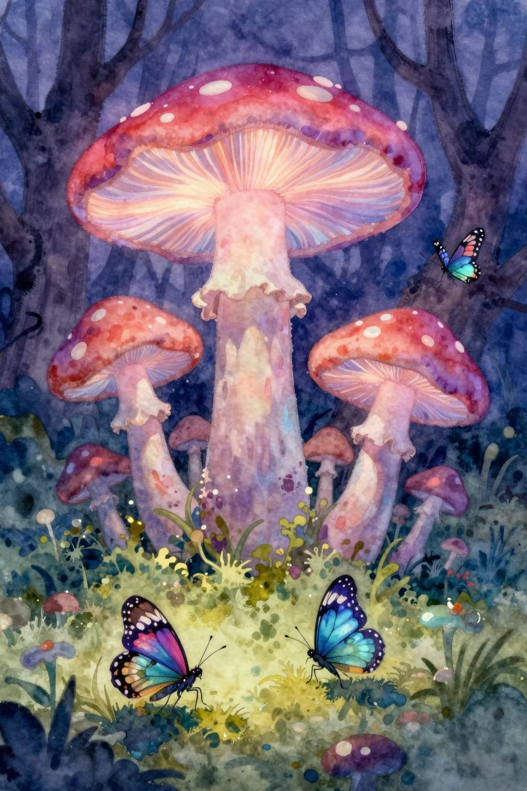 Bioluminescent Mushroom Forest With Iridescent Butterfly