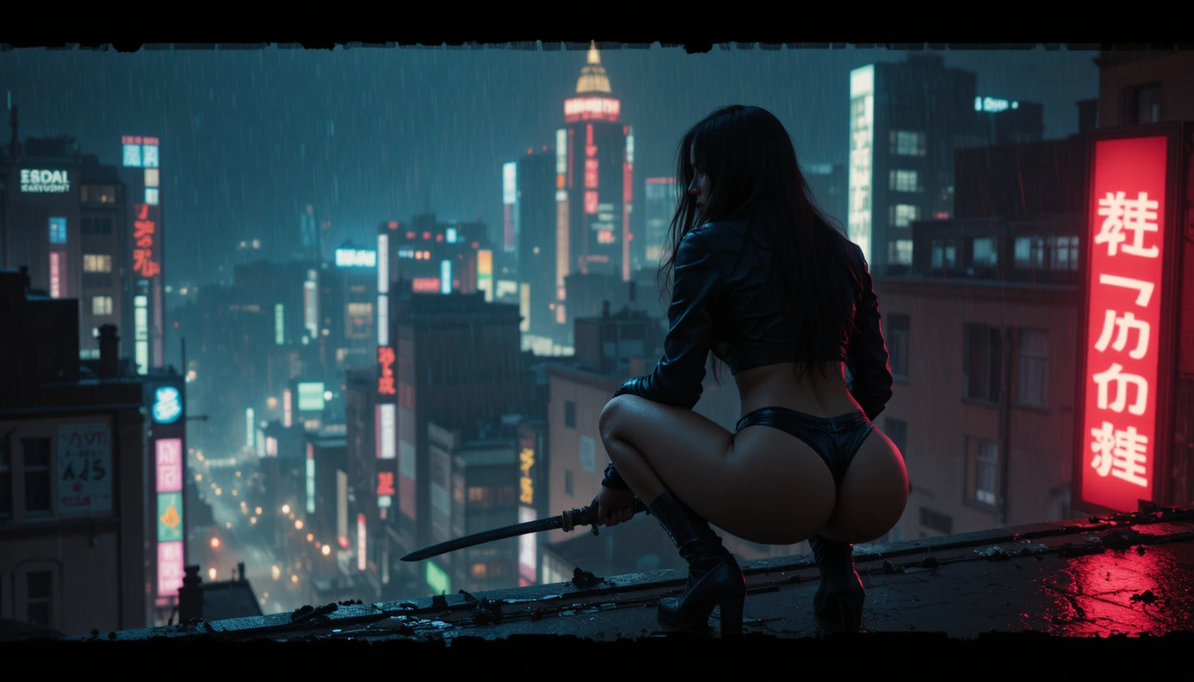 Assassin Woman On Neon Lit Rooftop In Rainy Night