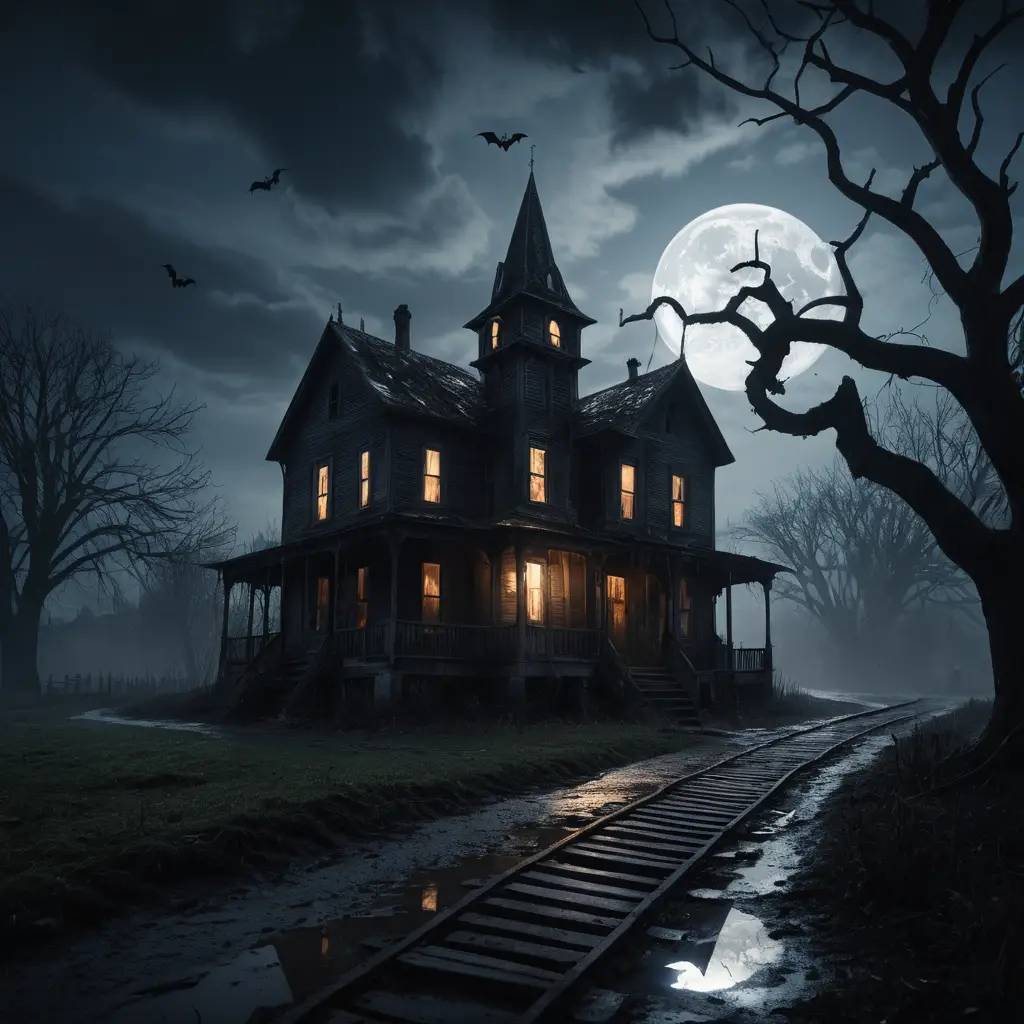 Spooky Victorian house on a foggy hill at night
