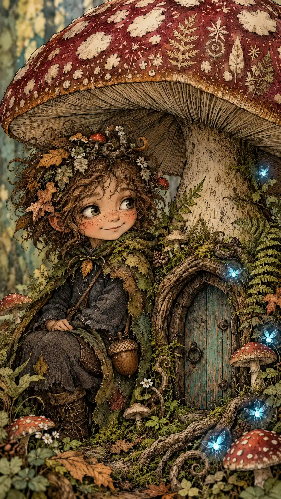 Whimsical forest guardian by a tiny mushroom door