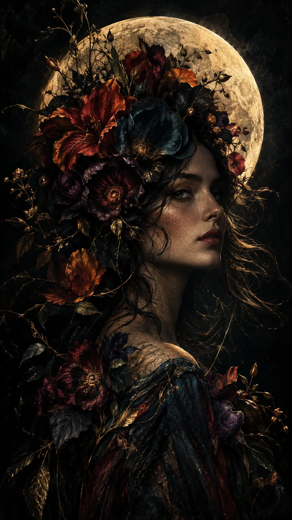 Gothic portrait of a crowned woman before a full moon
