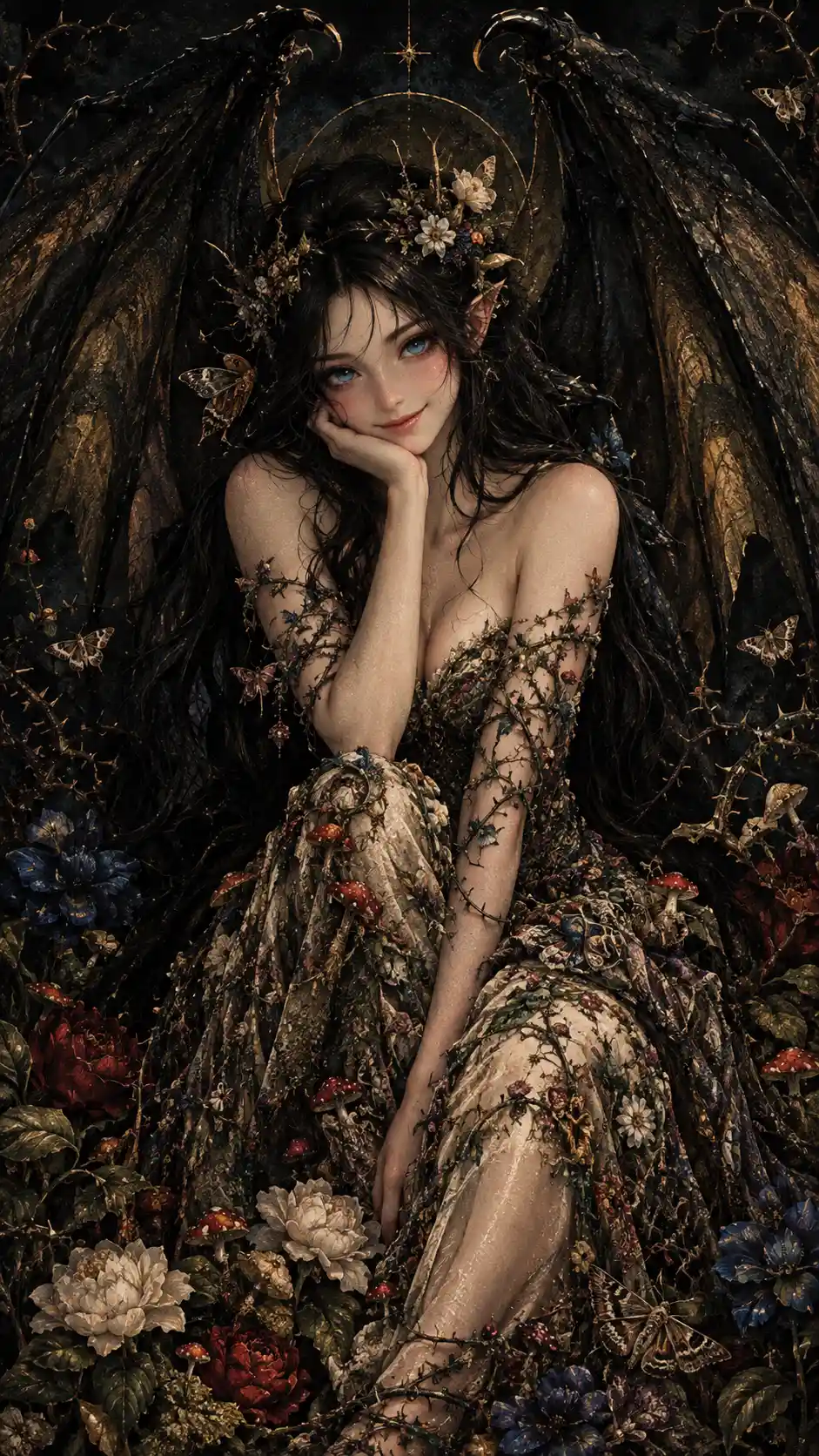 Fairy woman in botanical dress among flowers