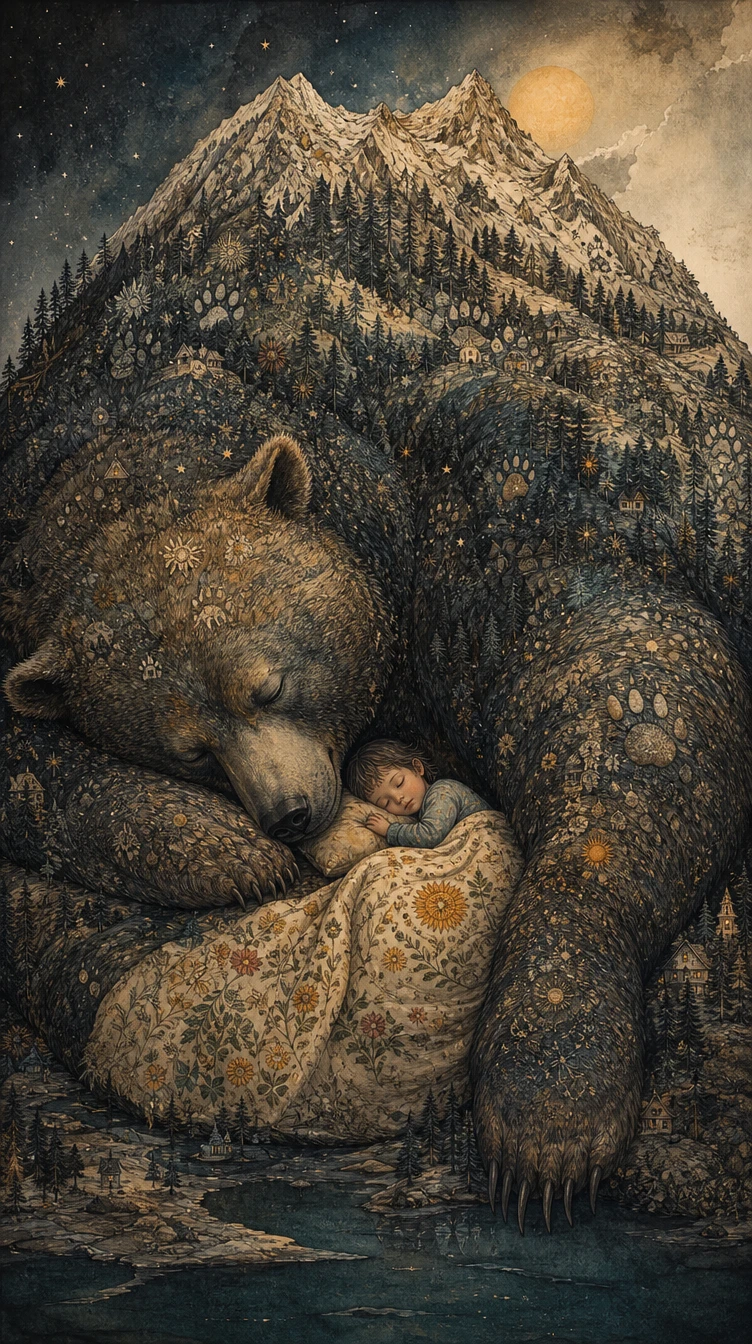 Child Sleeping Safely Beneath A Giant Resting Bear