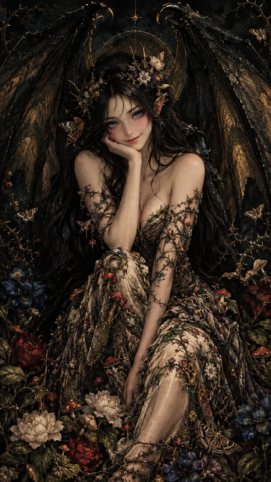 Fairy woman in botanical dress among flowers