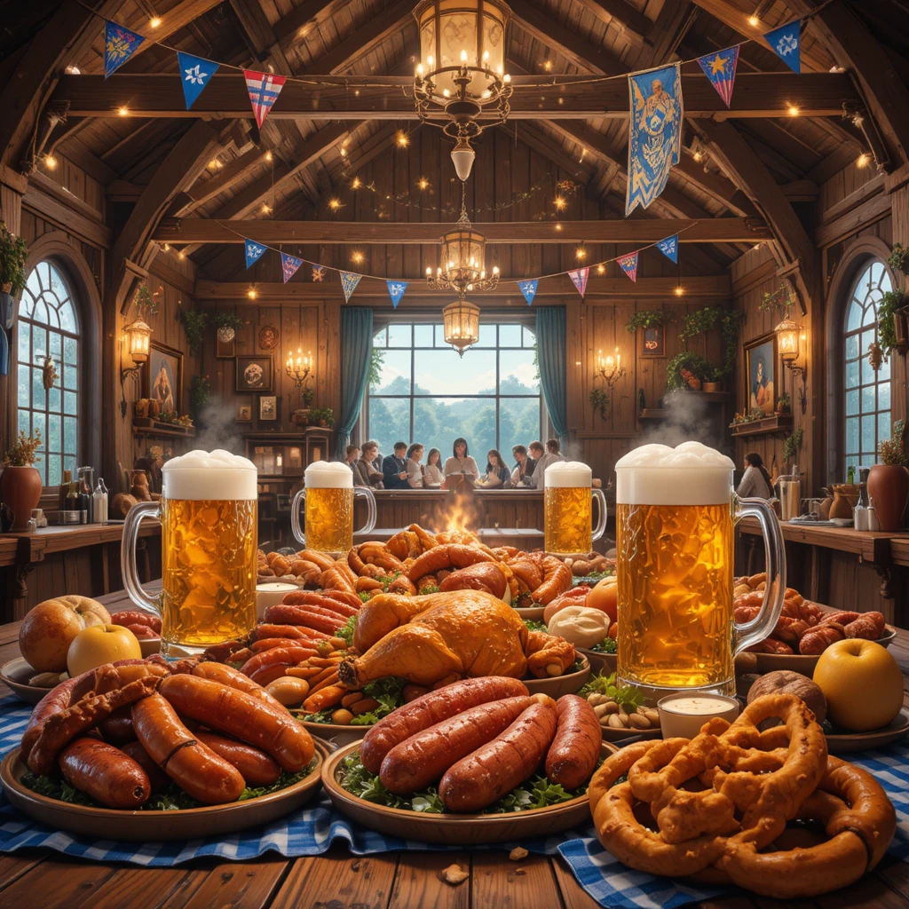 Festive Oktoberfest feast in a cozy wooden beer hall