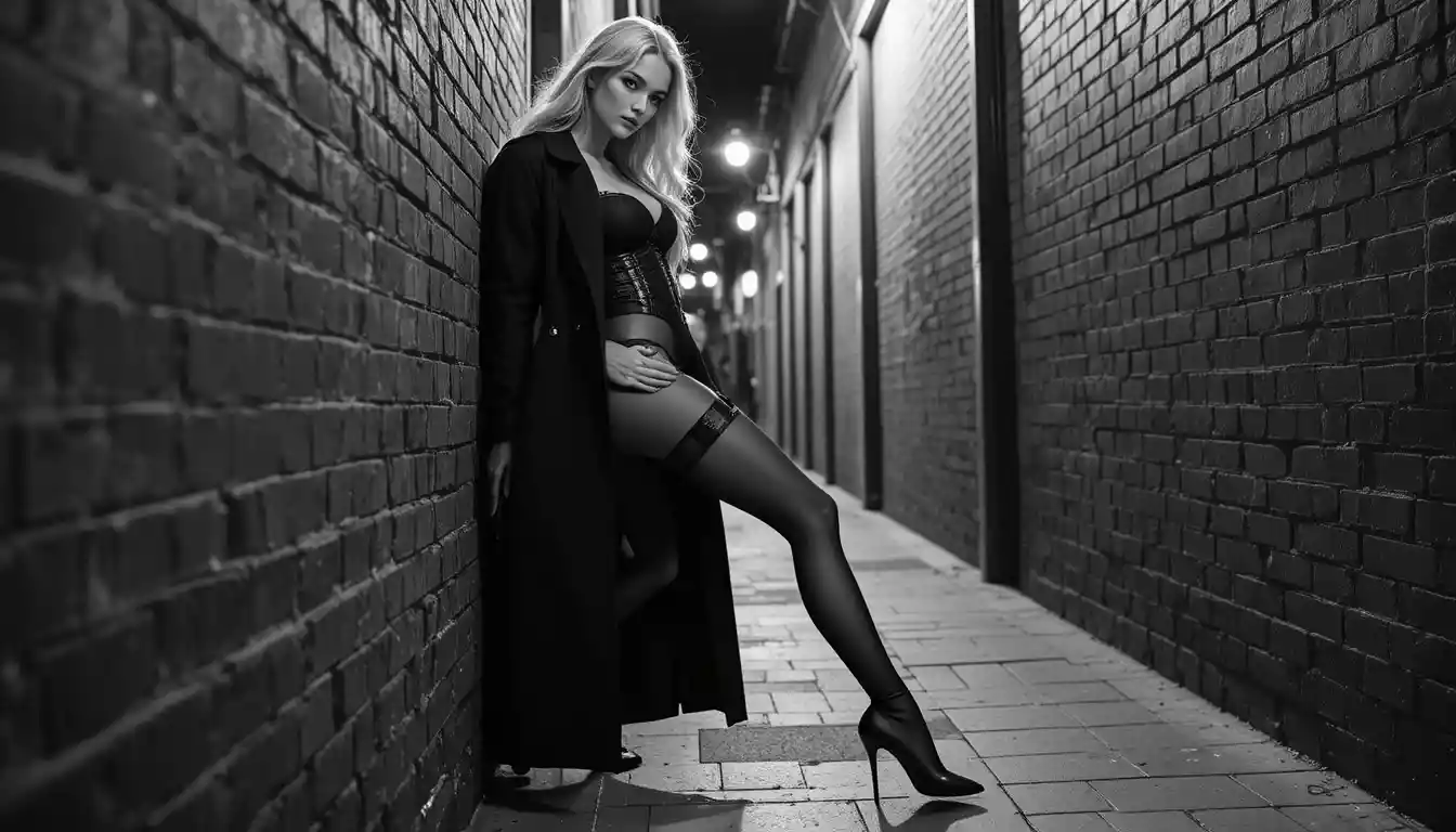 Tall woman in trench coat in monochrome urban alley