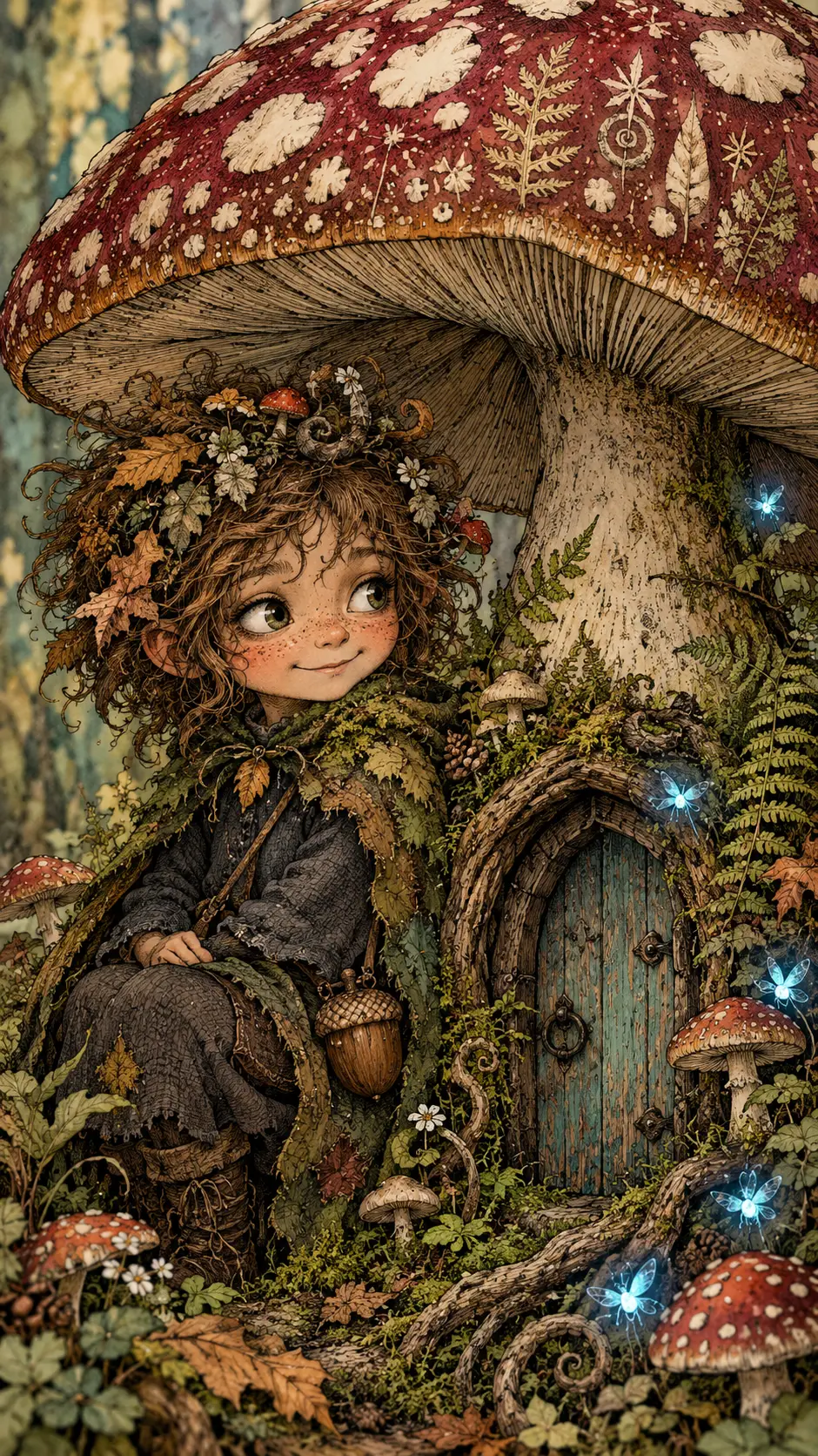 Whimsical forest guardian by a tiny mushroom door