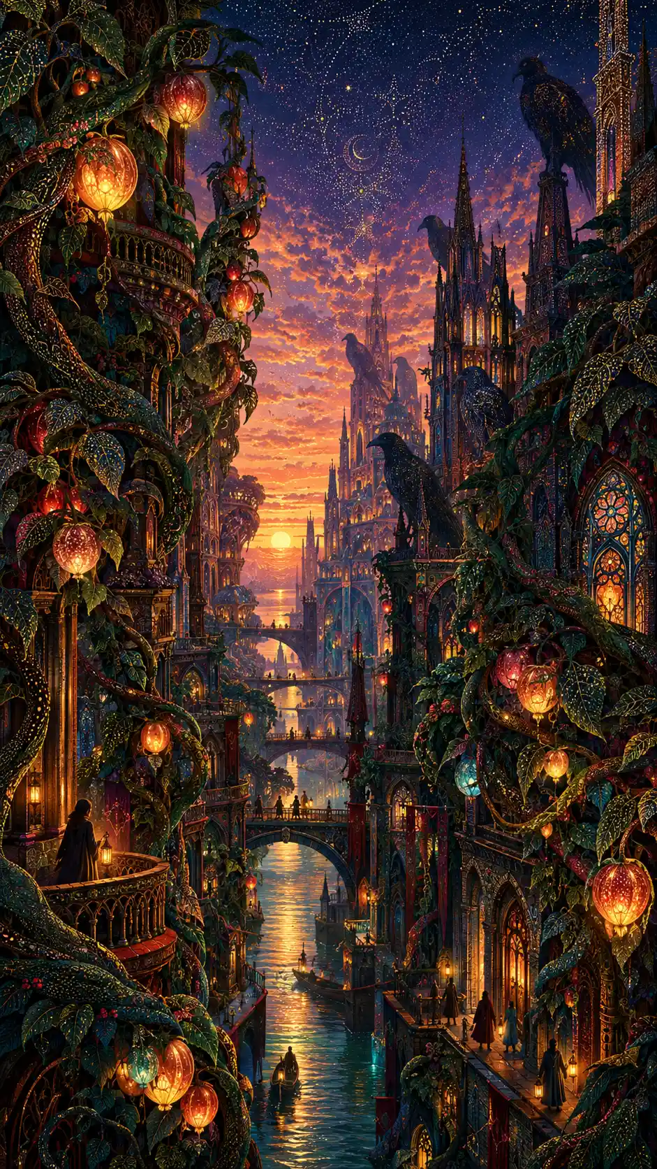 Renaissance gothic fantasy city rising around glowing canal