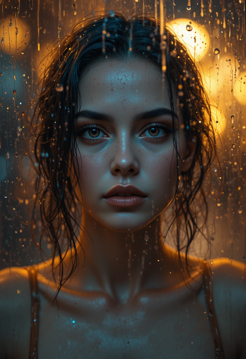 Woman behind rainy glass in warm sensual portrait lighting