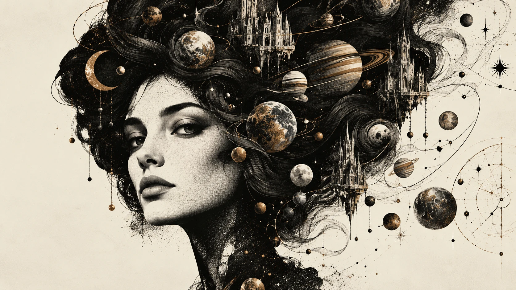 Surreal portrait of a woman with a cosmic hair universe