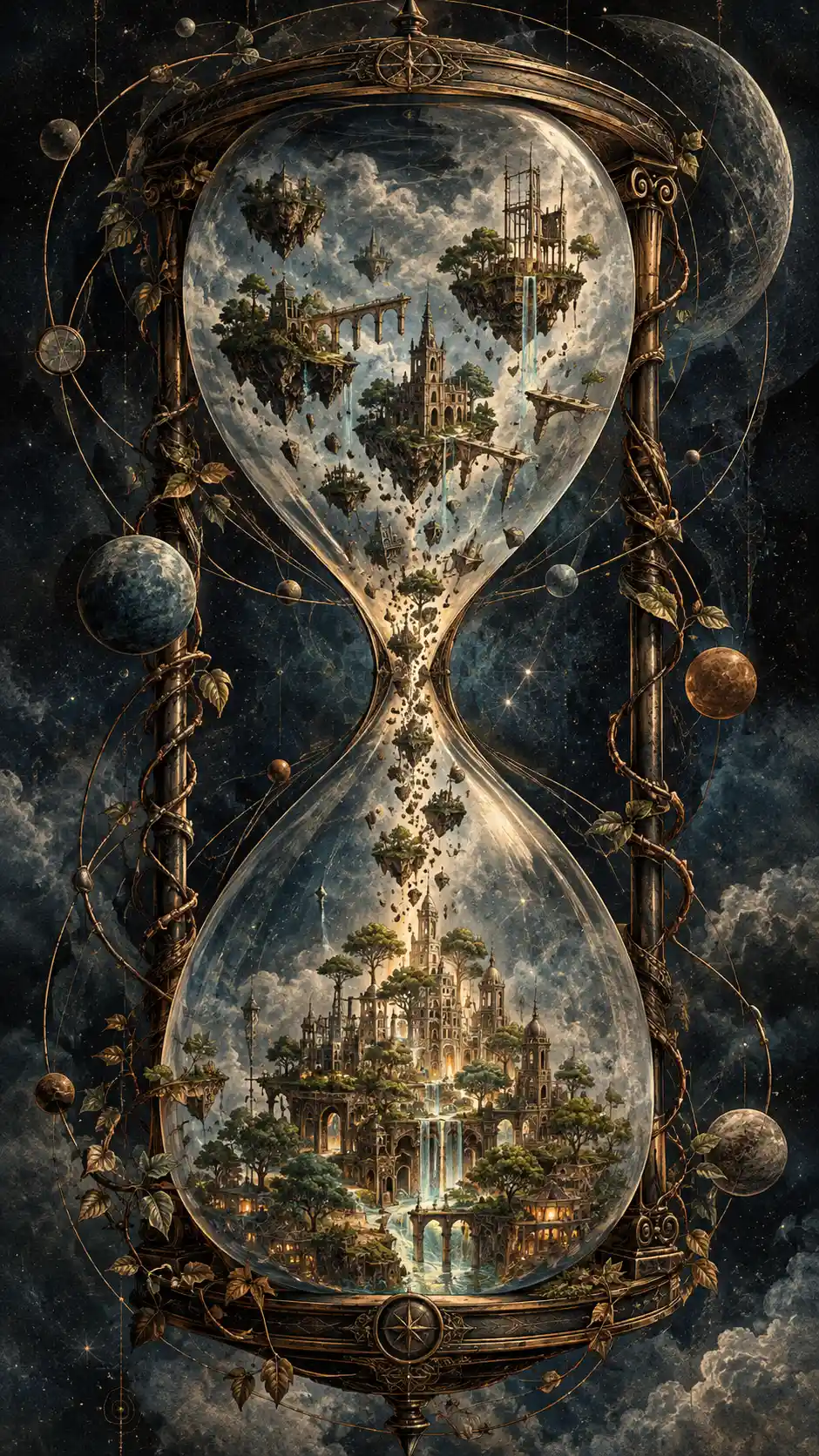 Reloj de arena surreal de mundos inacabados sobre una ciudad luminosa