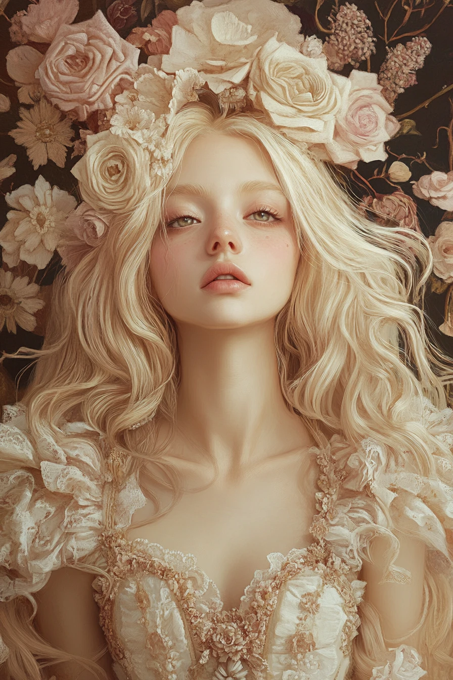 Whimsical baroque anime illustration with bright pastel metallic tones