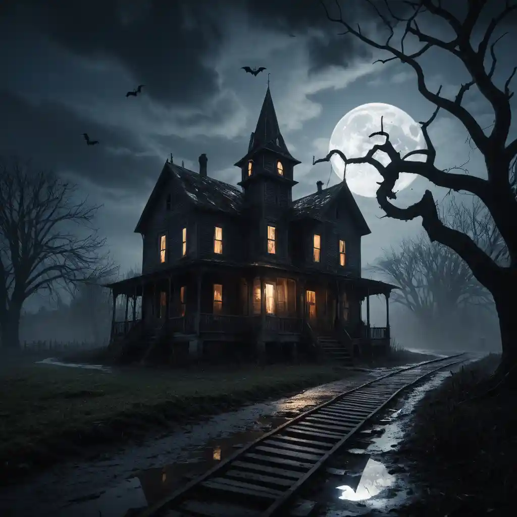 Spooky Victorian house on a foggy hill at night