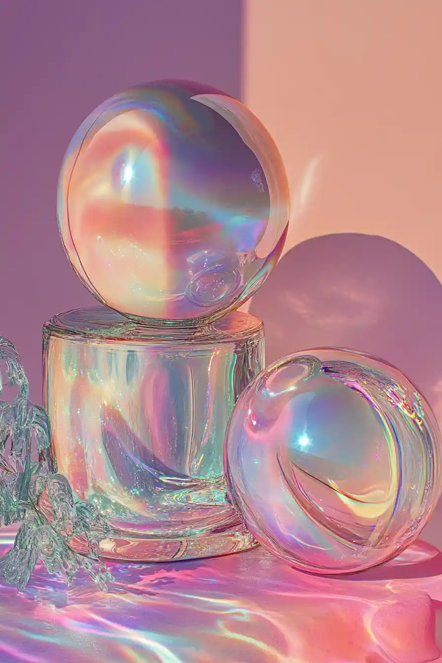 Surreal abstract forms in bright pastel metallic colors