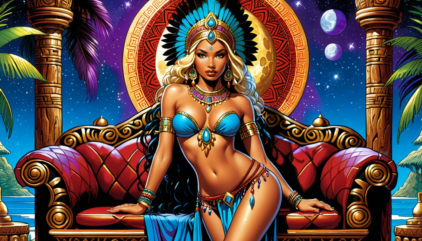 Principessa fantasy al chiaro di luna distesa in una camera di tempio gioiello