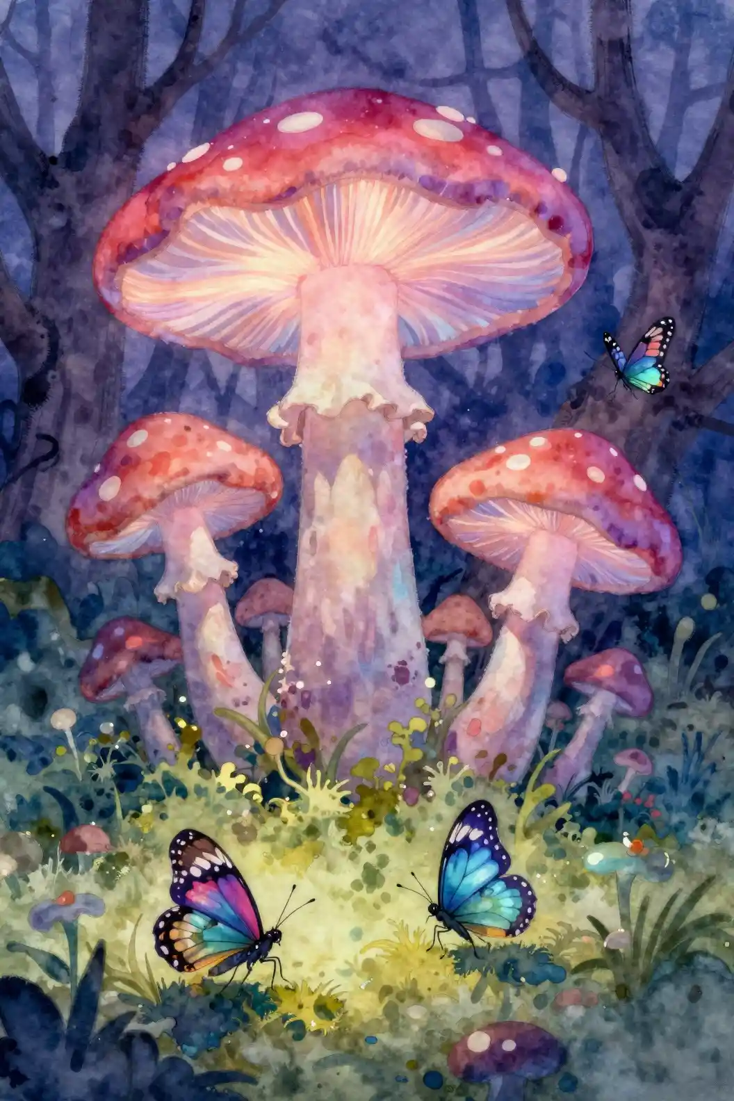 Bioluminescent Mushroom Forest With Iridescent Butterfly