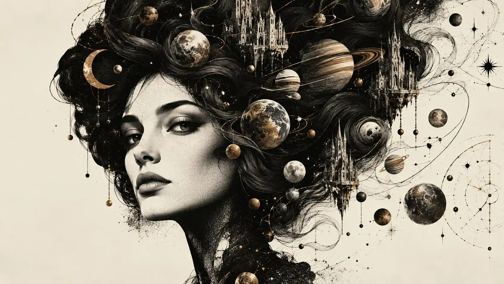 Surreal portrait of a woman with a cosmic hair universe