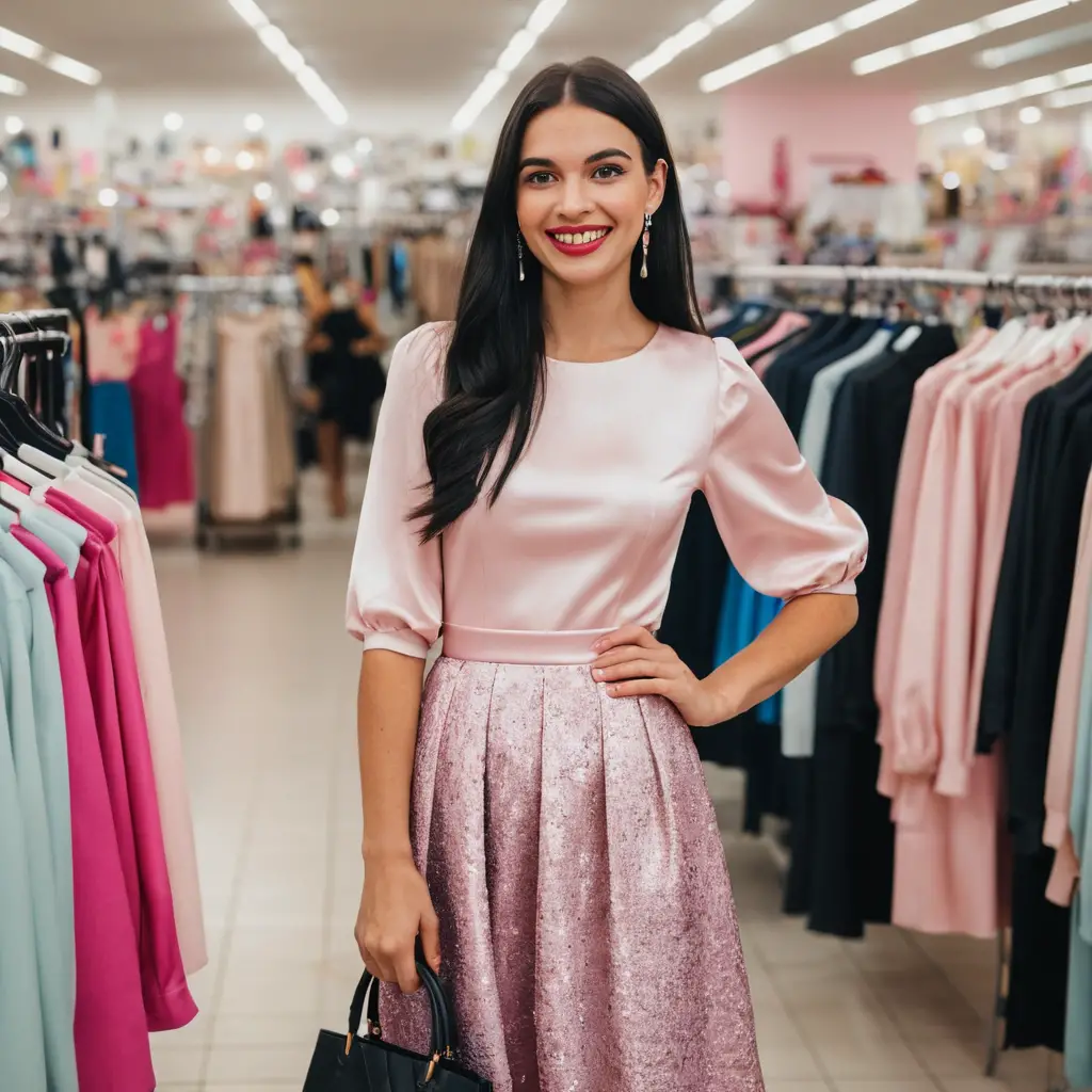 Lächelnde Frau beim Einkaufen in einem stylischen Bekleidungsgeschäft