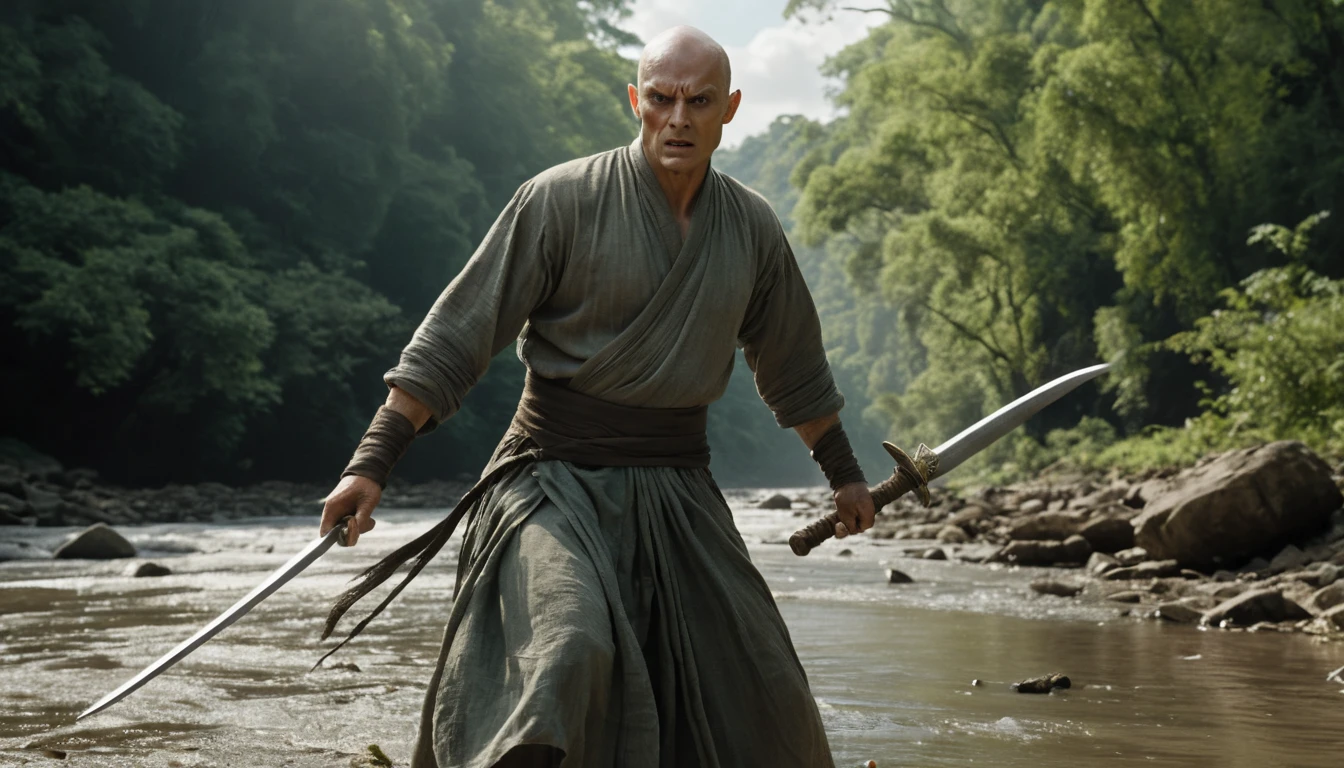 Warrior striking giant insect monster by a riverbank