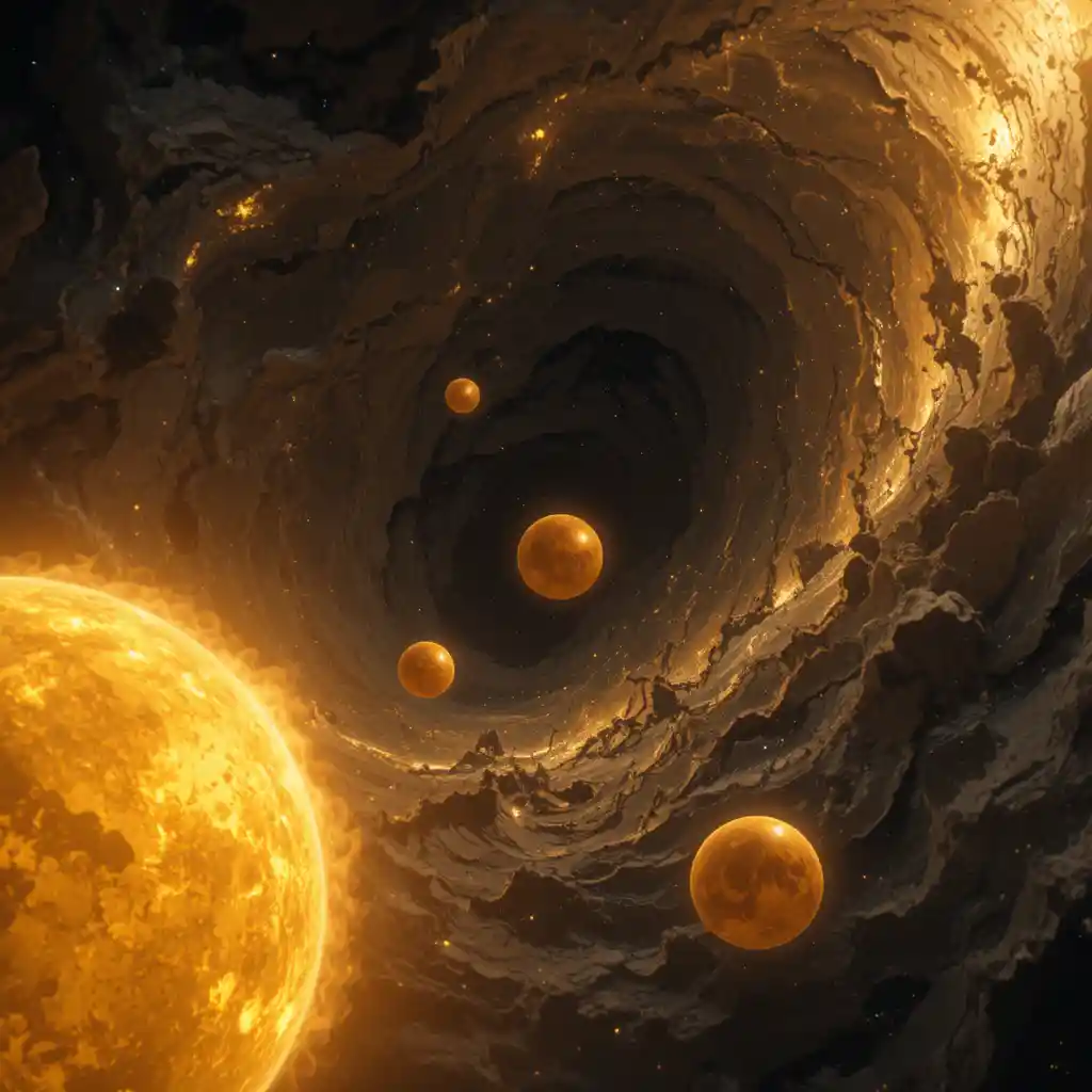 Tiny yellow suns warping space amid cosmic dust