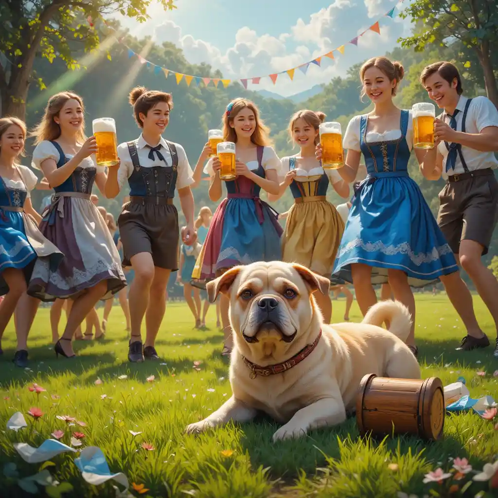 Alegre baile de Oktoberfest en un prado verde y soleado