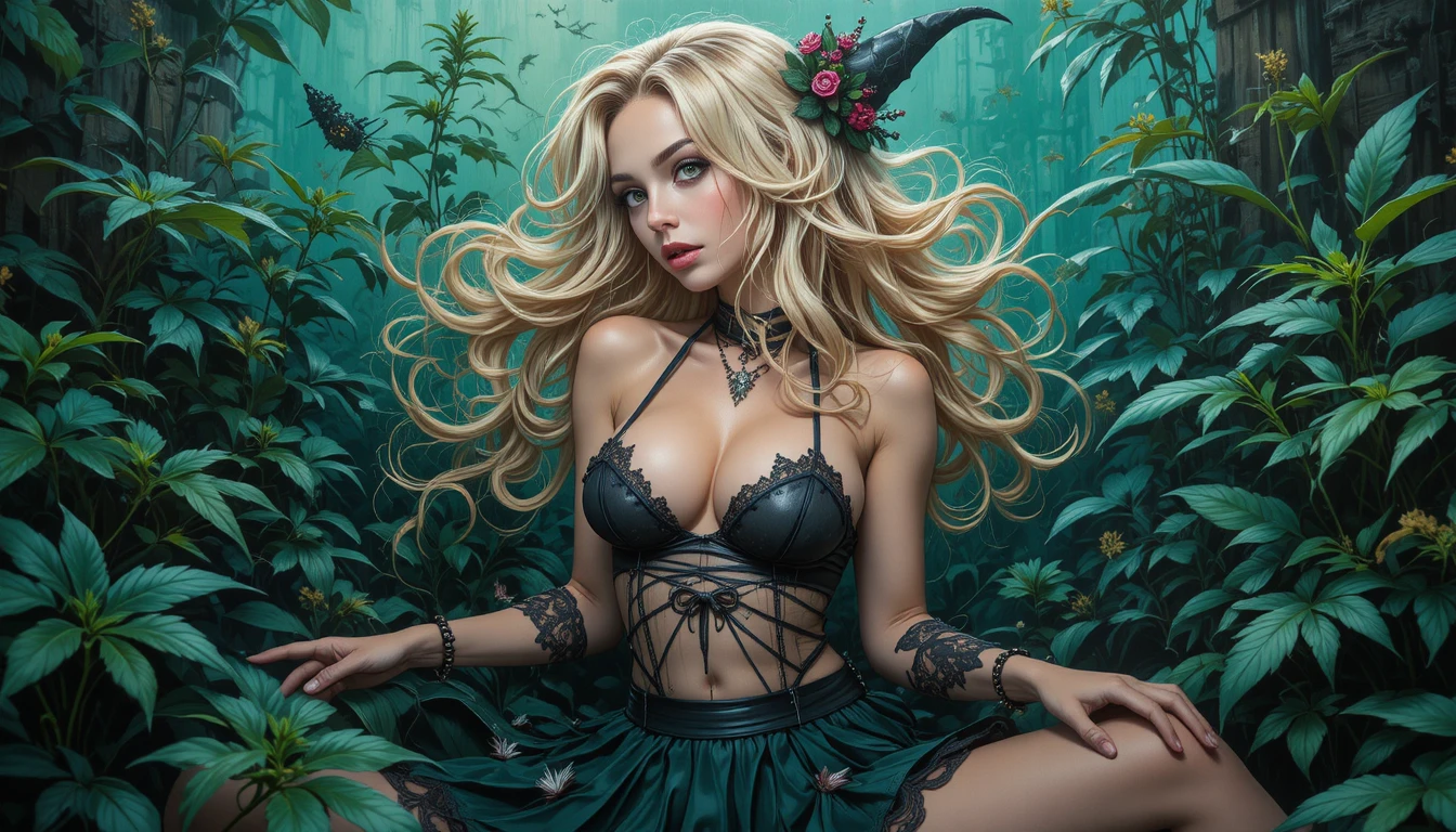 Stilisierte blonde Pin-up-Frau in dynamischer, verführerischer Pose