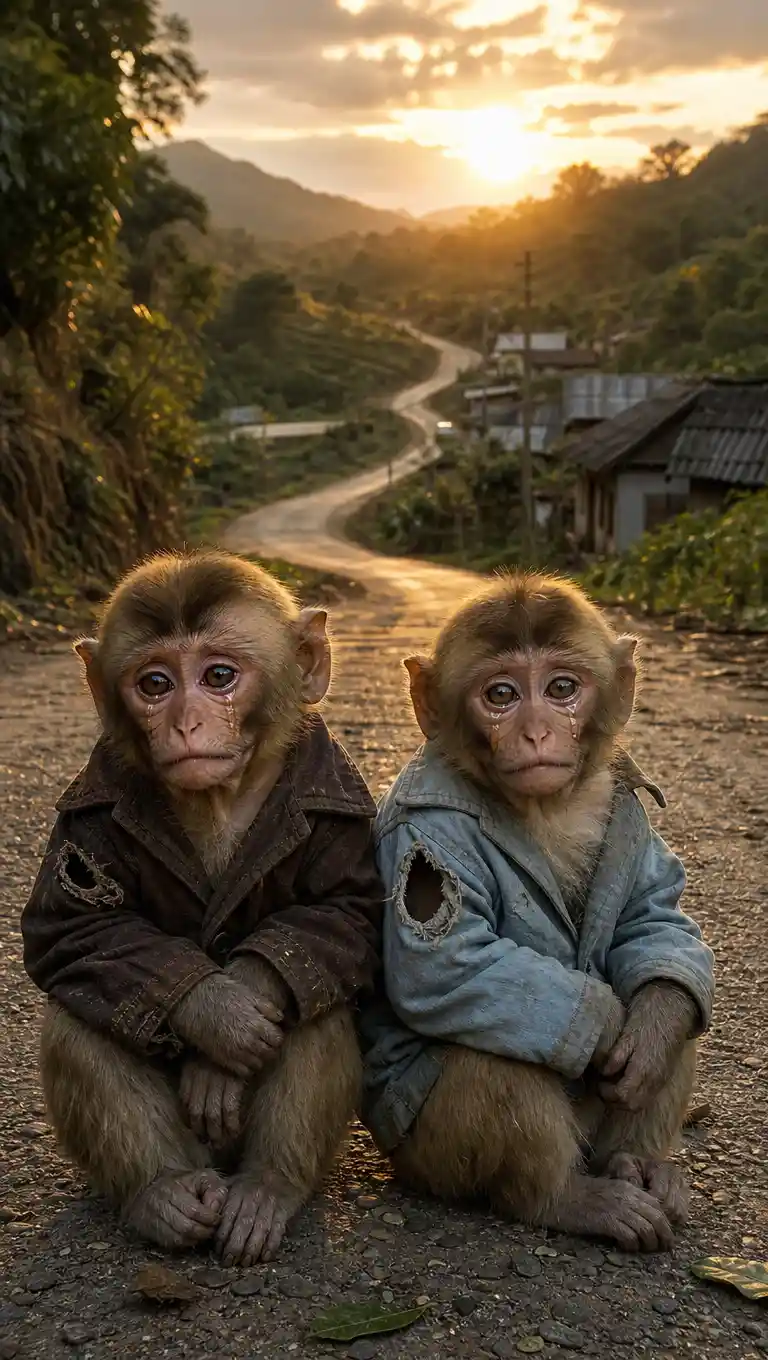 Deux jeunes singes tristes assis sur une route de campagne au crépuscule
