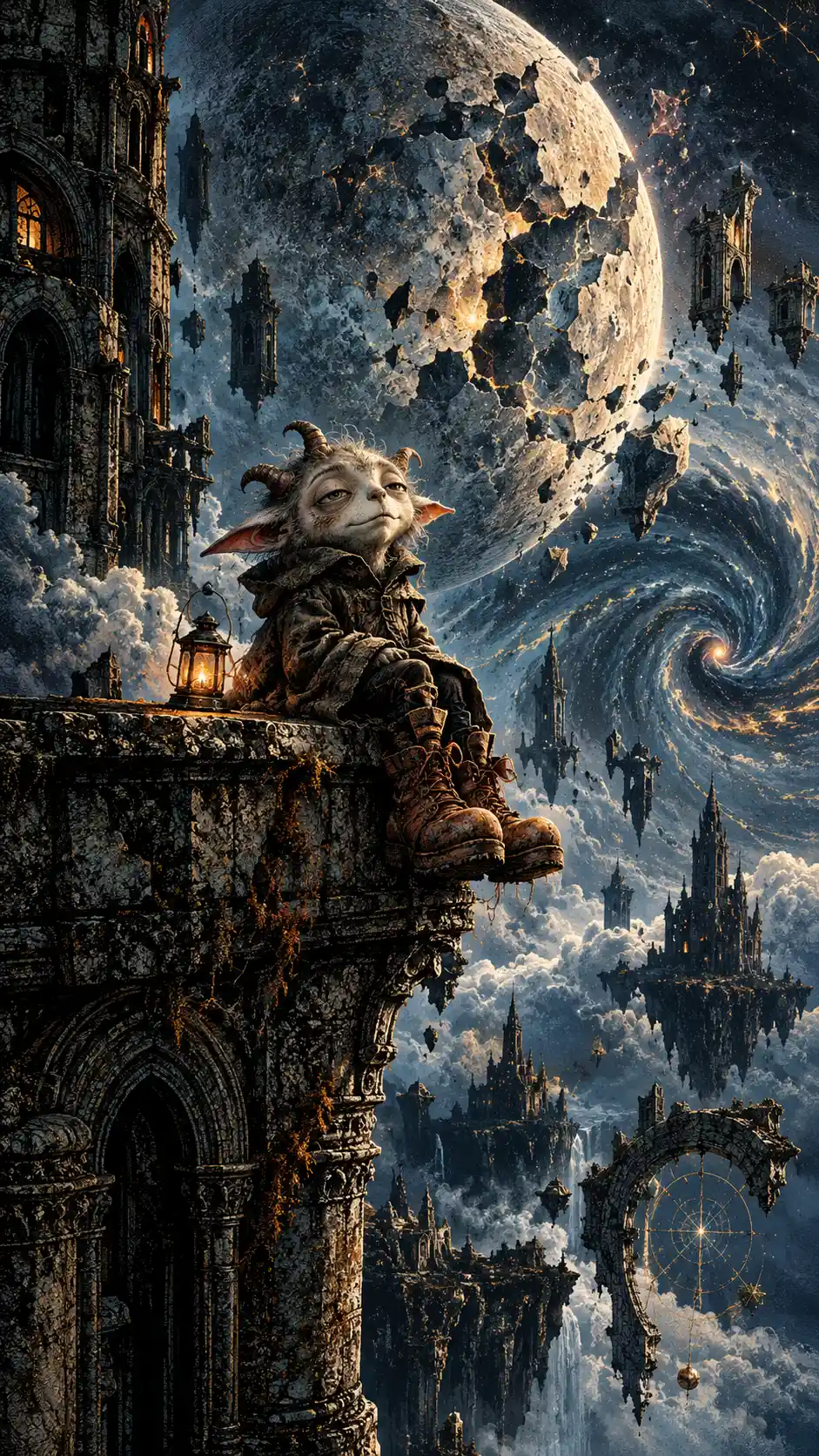Tiny horned creature on a ruined tower under fractured moon