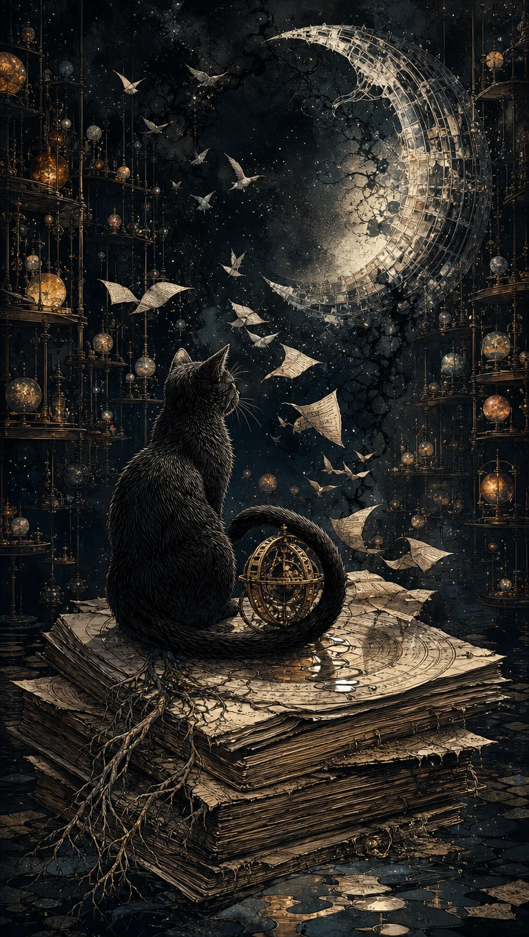 Schwarze Katze auf alten Manuskripten unter einem surrealen Halbmond
