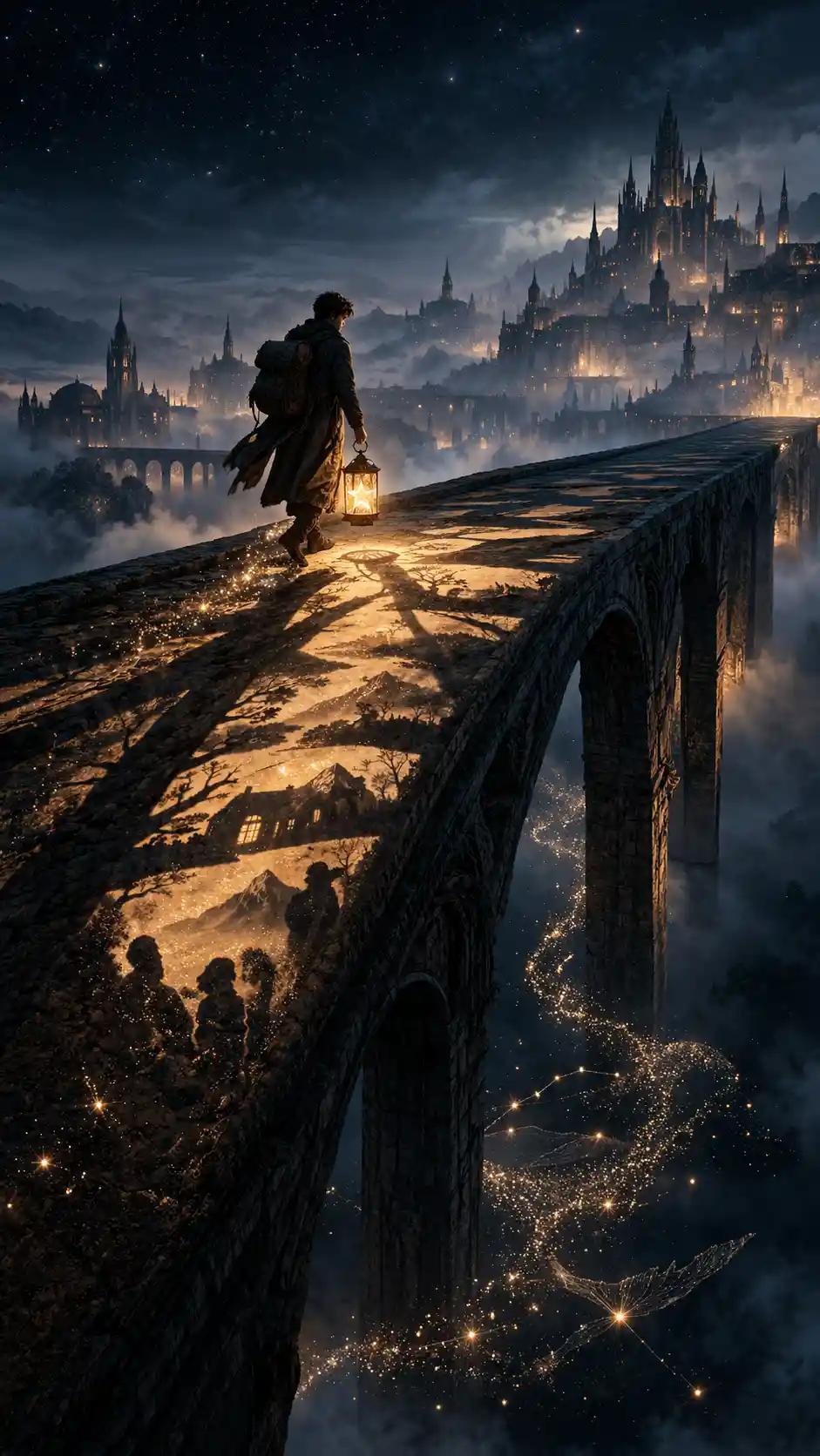 Lonely traveler crossing ancient bridge with a captured star