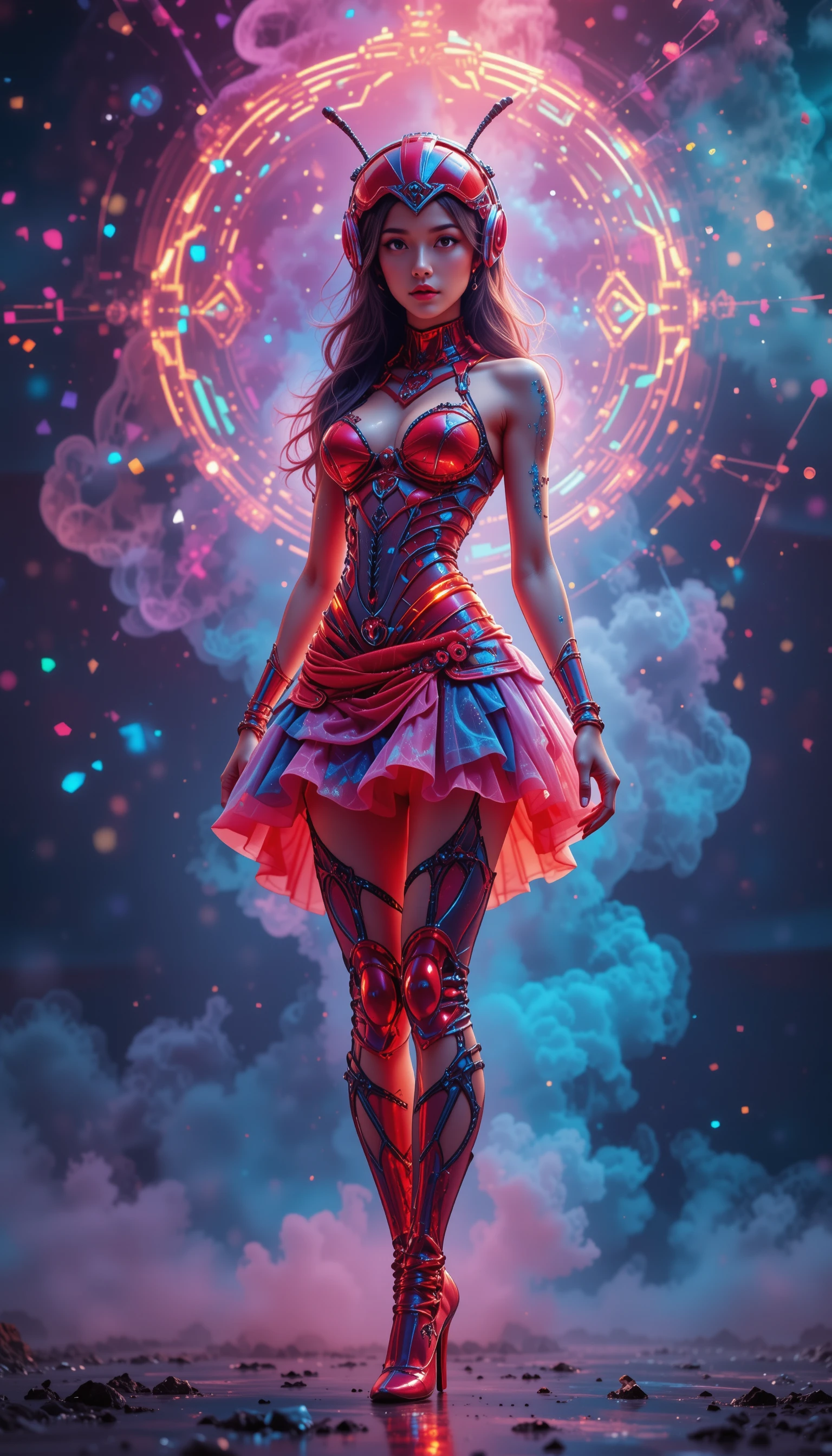 Hyperrealistic sci fi woman with luminous ladybug helmet