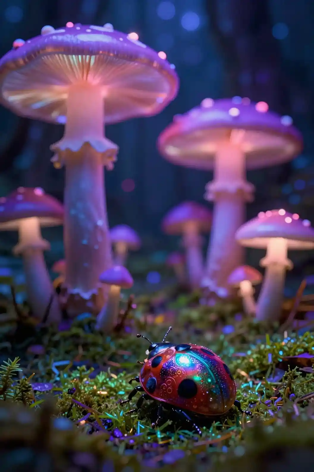 Glowing Fantasy Forest With Bioluminescent Mushrooms And Ladybug