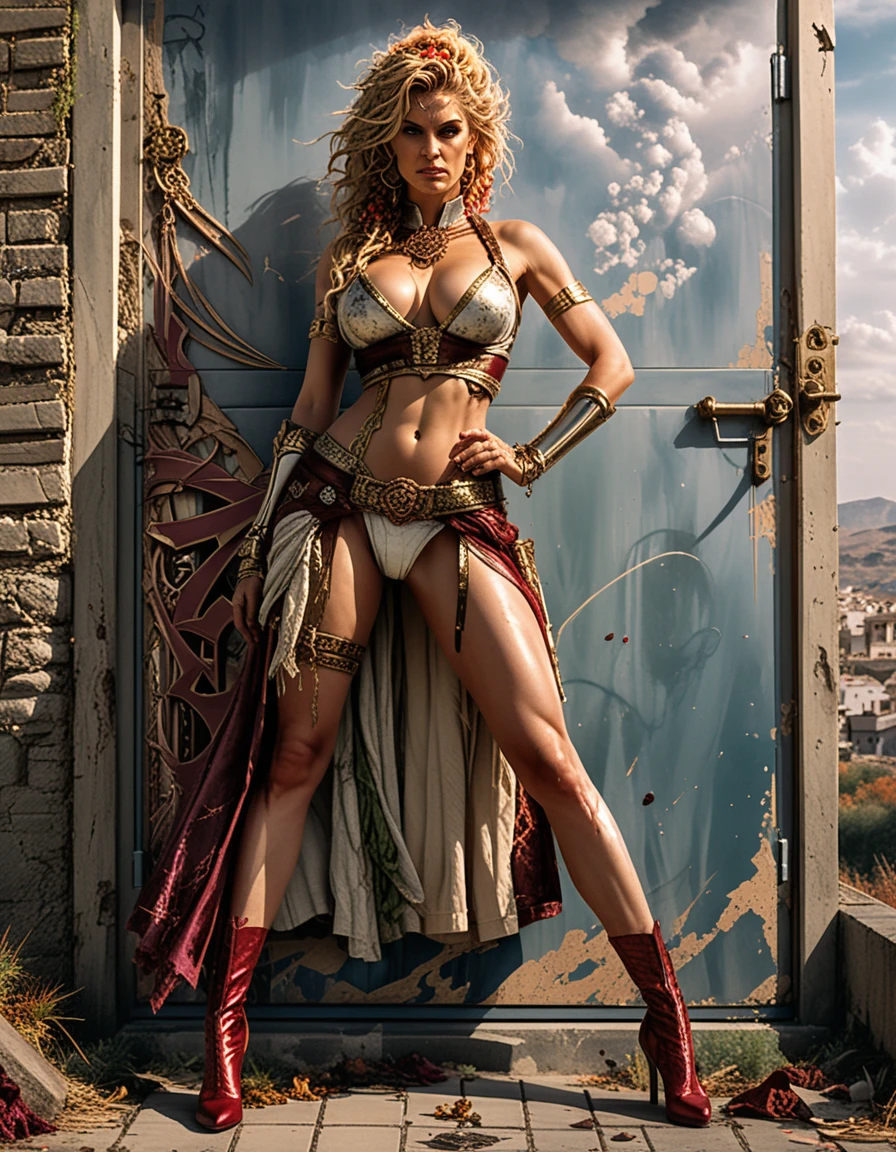 Seductive blonde woman in sci fi fantasy cosplay pinup pose