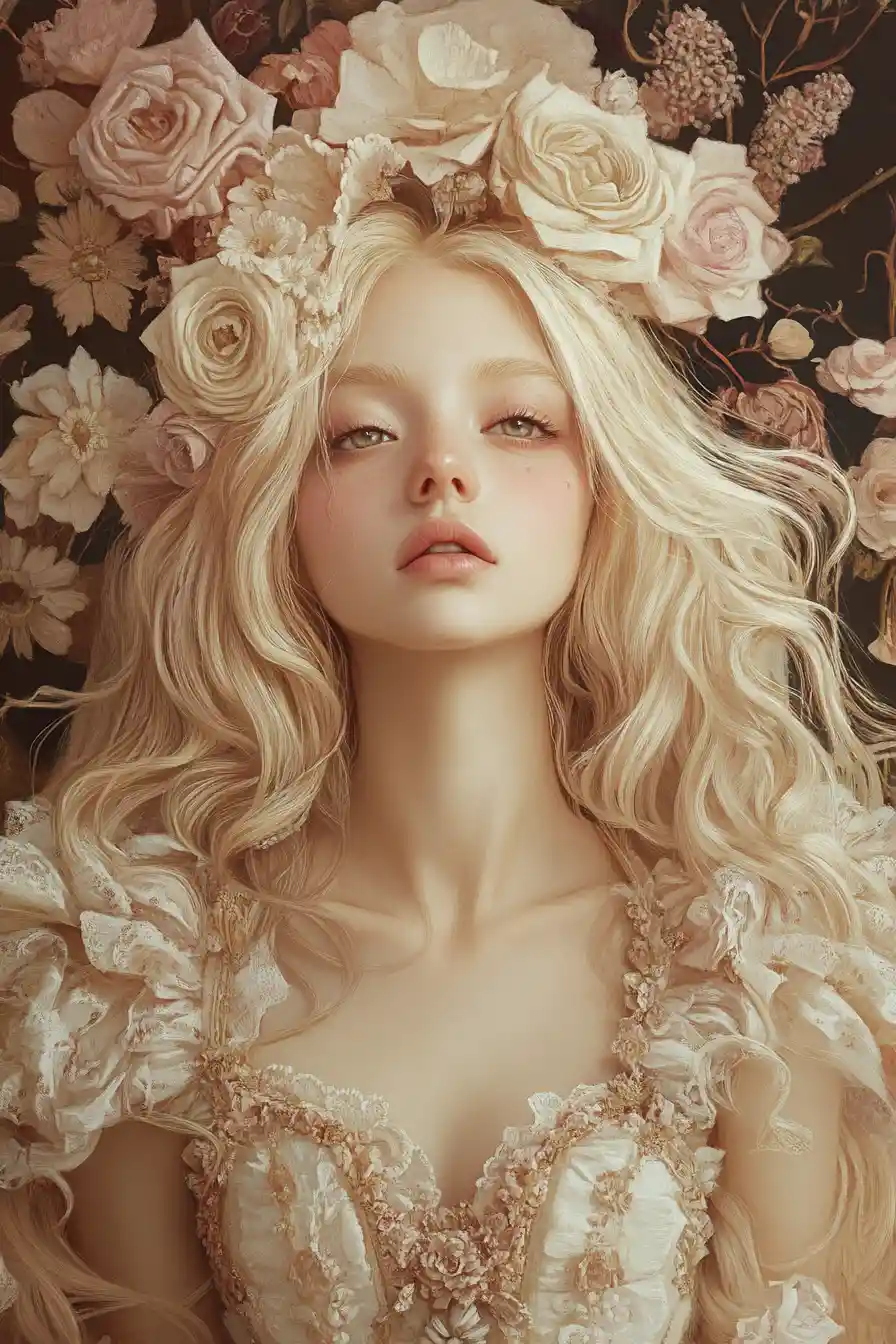 Whimsical baroque anime illustration with bright pastel metallic tones