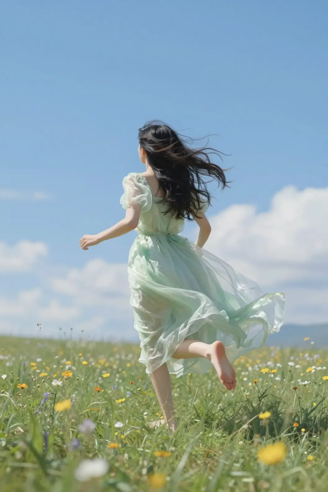 Girl running barefoot through a sunlit wildflower meadow
