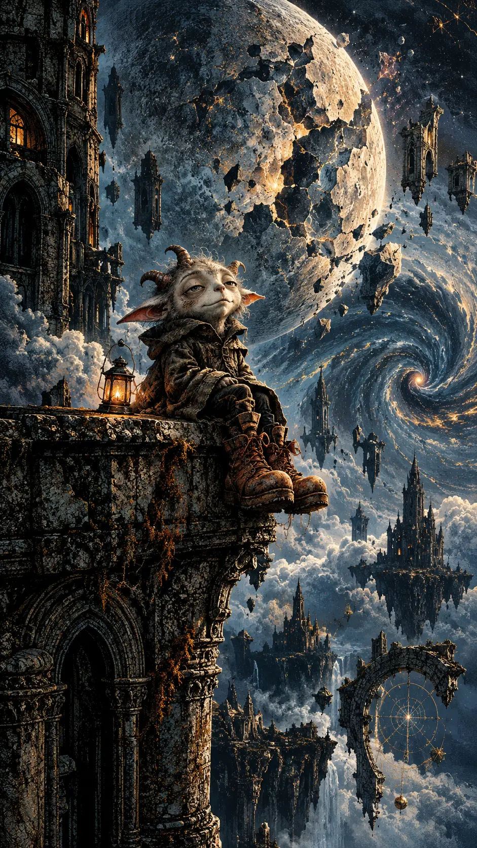 Tiny horned creature on a ruined tower under fractured moon
