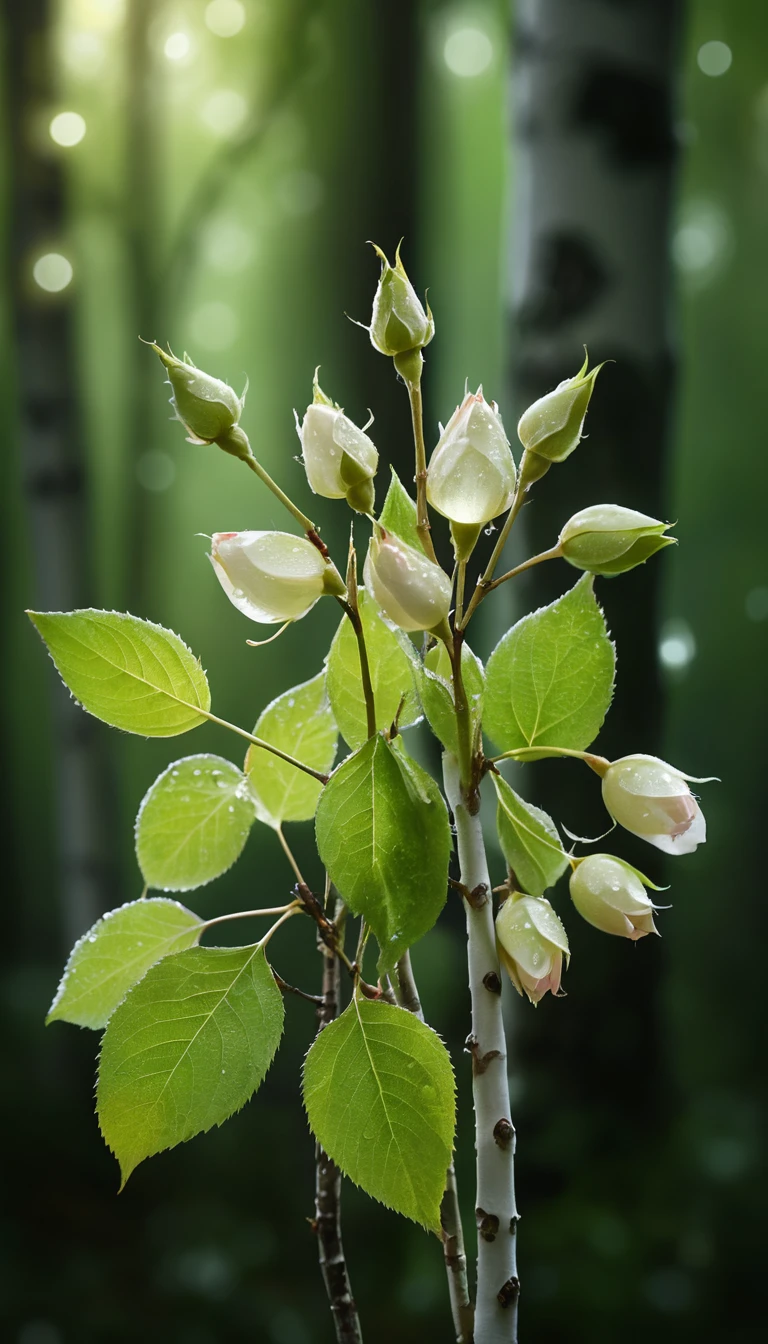 Glowing birch leaf rosebuds in a soft night forest
