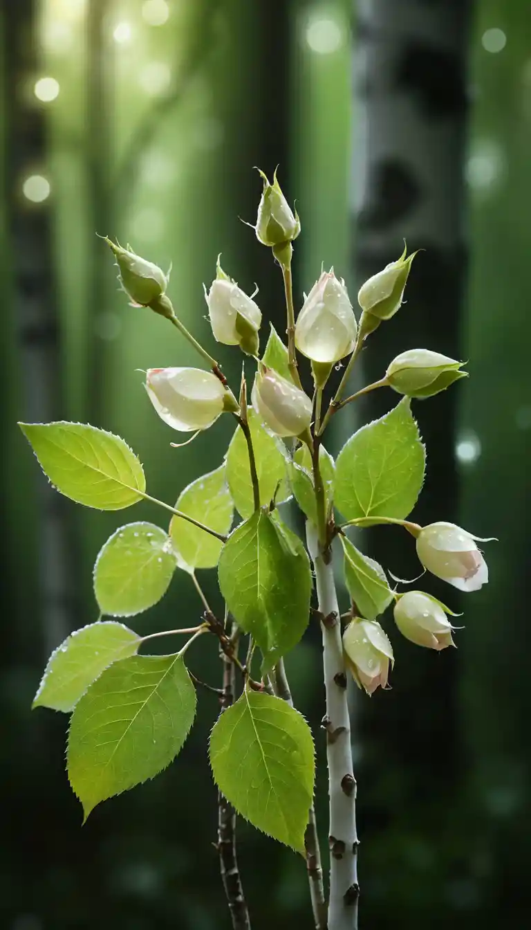 Glowing birch leaf rosebuds in a soft night forest