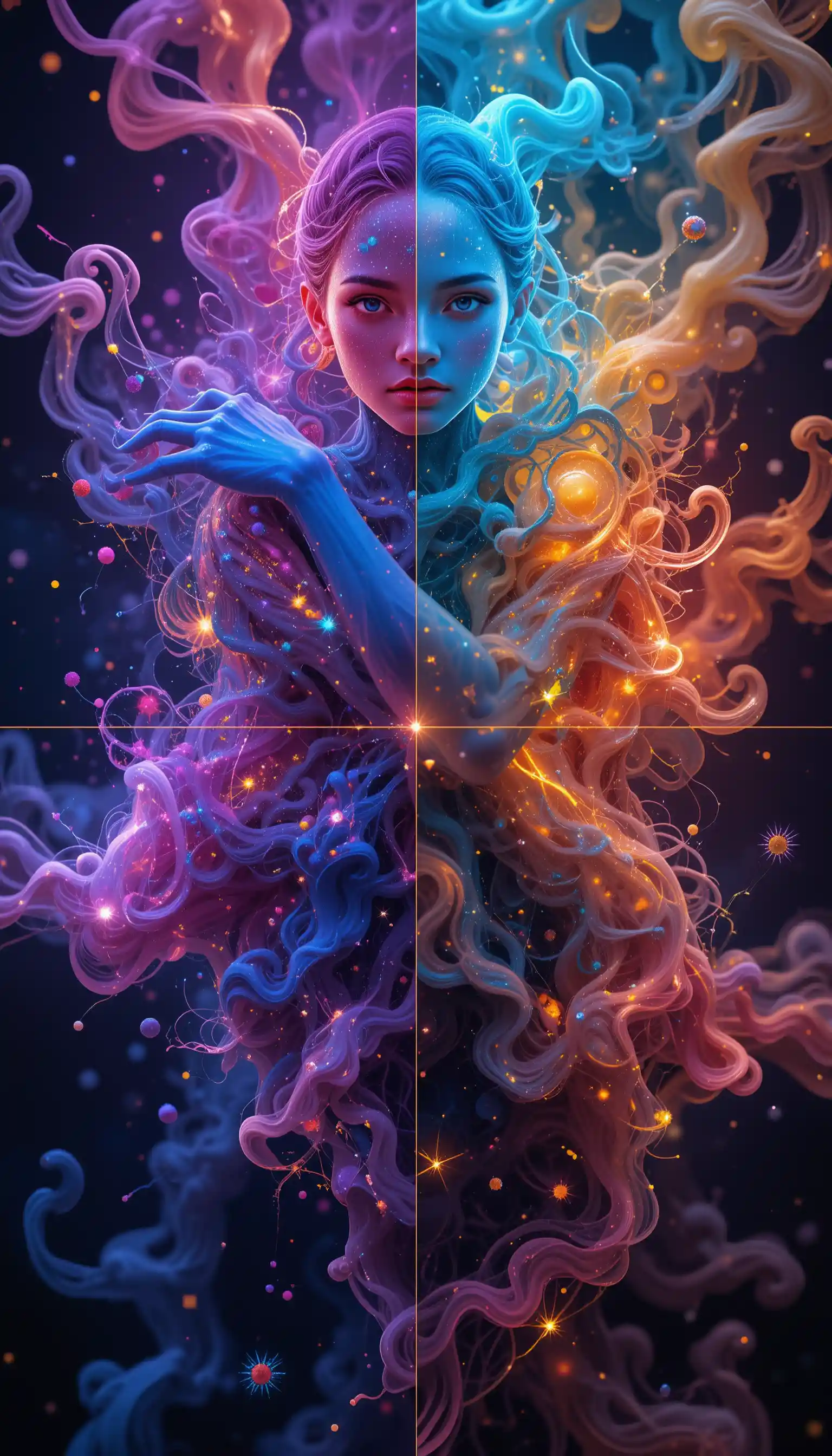 Glowing abstract biodust patterns woven from colorful light