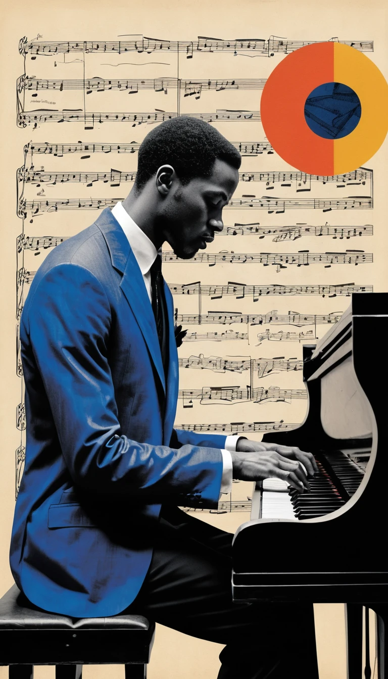 Jazz pianist collage in profile with vintage sheet music