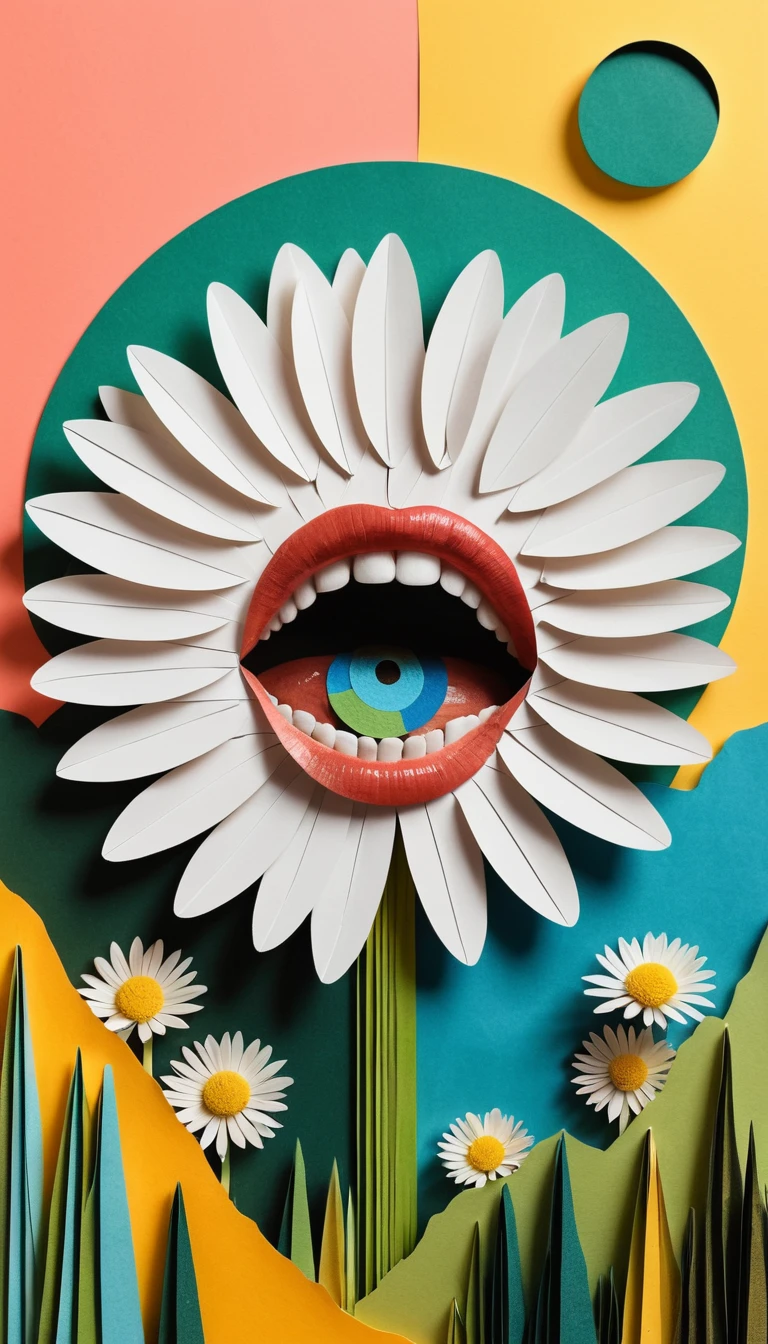 Surreal collage poster with shouting face and rainbow flow