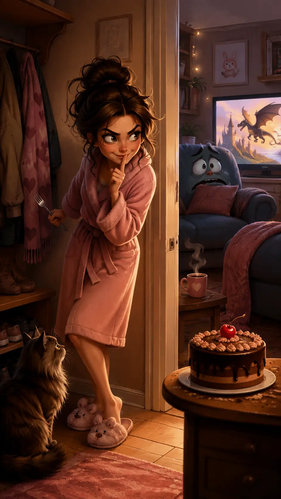 Woman in hallway plotting to secretly eat a cake
