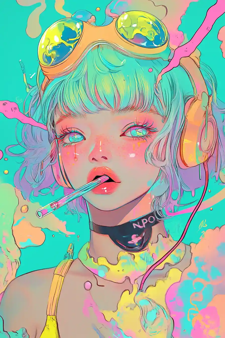 Whimsical anime illustration with surreal pastel metallic style