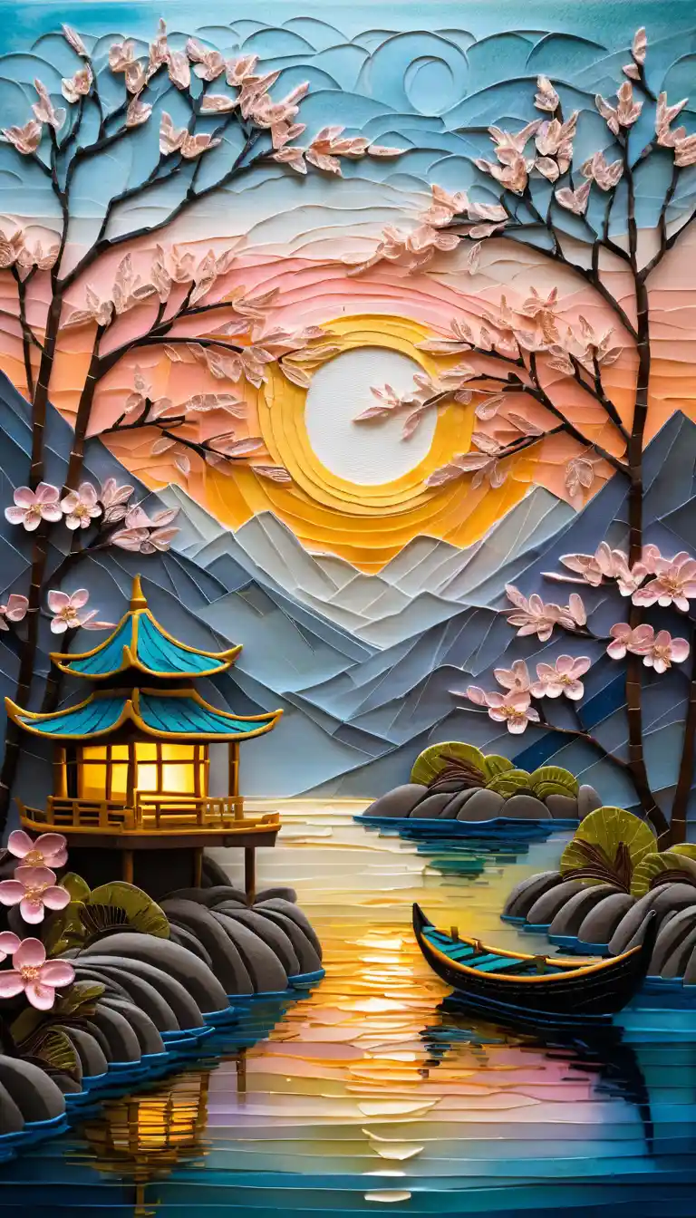 Mixed media sunset seascape with traditional junk boat