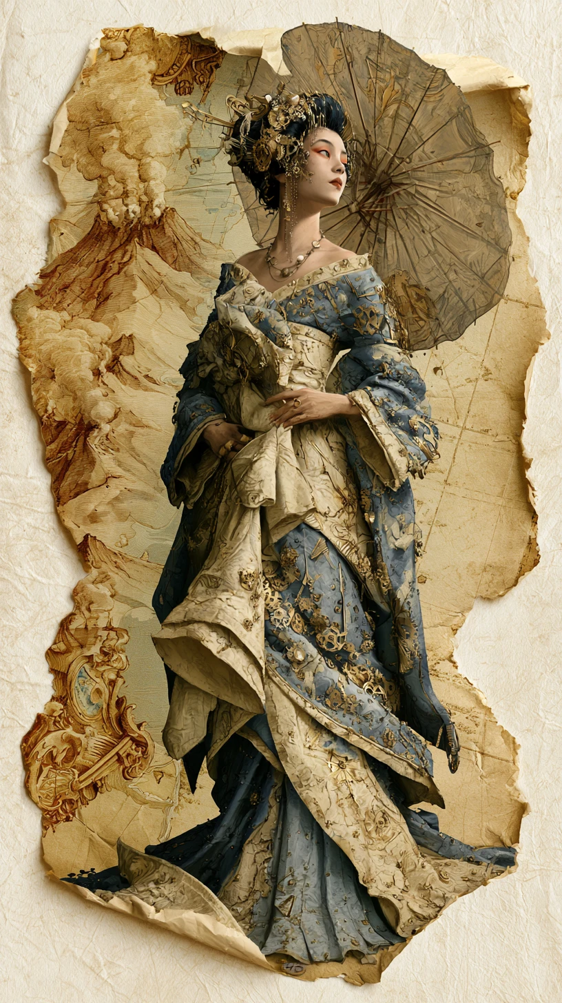 Steampunk geisha on a torn airship logbook page